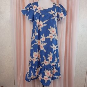 Vintage 80s Made in Hawaii Women's Plus Size Blue Floral Hawaiian Maxi Dress Lg